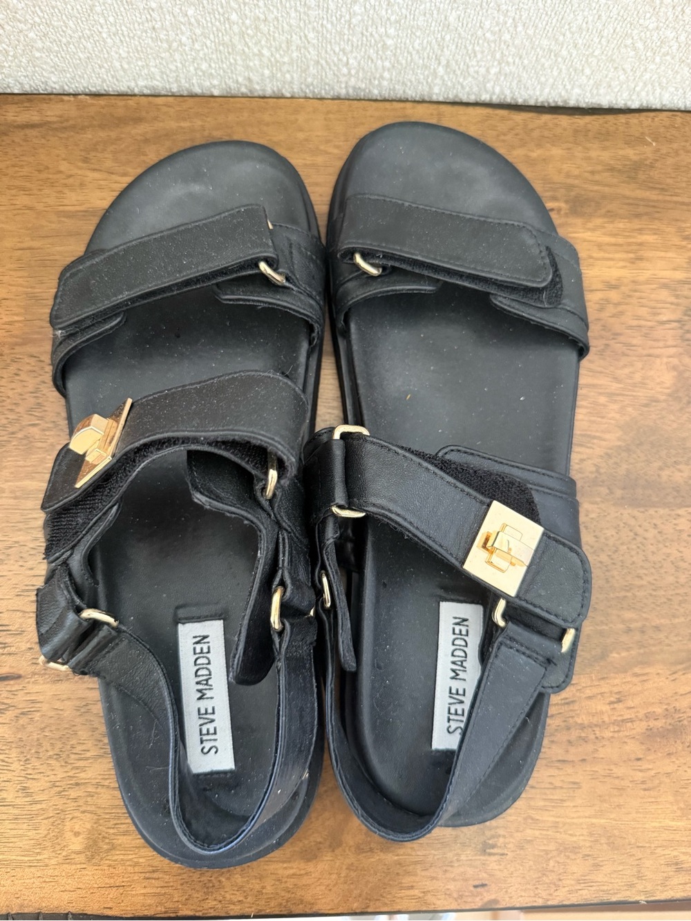 Steve Madden Black Mona Strap Sandals with Gold Hardware